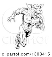 Poster, Art Print Of Black And White Muscular Wolf Man Sprinting Upright
