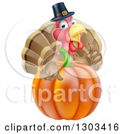 Poster, Art Print Of Pleased Thanksgiving Turkey Bird Wearing A Pilgrim Hat And Giving A Thumb Up Over A Pumpkin