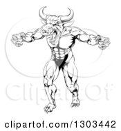 Poster, Art Print Of Black And White Snarling Bull Man Minotaur Monster Mascot Attacking