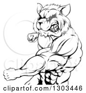 Poster, Art Print Of Black And White Muscular Raccoon Man Mascot Punching From The Hips Up