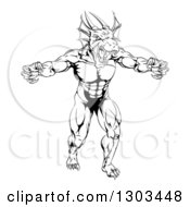 Poster, Art Print Of Black And White Muscular Aggressive Dragon Man Mascot Walking Upright