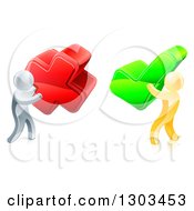 Clipart Of 3d Right And Wrong Silver And Gold Men Carrying X And Check Marks Royalty Free Vector Illustration