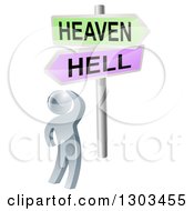 Poster, Art Print Of 3d Silver Man Looking Up At Heaven Or Hell Cross Roads Signs