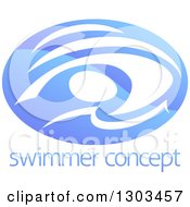 Poster, Art Print Of Shiny Gradient Blue Abstract Swimmer Doing The Butterfly In Waves Over Sample Text