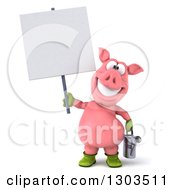 Clipart Of A 3d Happy Gardener Pig Holding A Watering Can And A Blank Sign Royalty Free Illustration