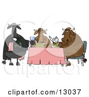 Male Cow Waiting Tables And Serving Wine To A Dining Cow Couple