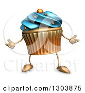 Clipart Of A 3d Shrugging Acrylic Blue Frosted Cupcake Character Royalty Free Illustration