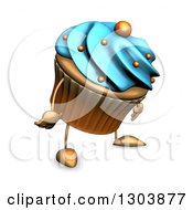 Clipart Of A 3d Sad Acrylic Blue Frosted Cupcake Character Facing Slightly Right Royalty Free Illustration