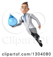 Clipart Of A 3d Young Brunette White Male Doctor Floating And Holding A Water Droplet Royalty Free Illustration