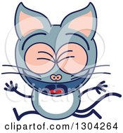Clipart Of A Cartoon Gray Cat Character Celebrating Royalty Free Vector Illustration by Zooco