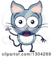 Clipart Of A Cartoon Friendly Greeting Gray Cat Character Waving Royalty Free Vector Illustration by Zooco