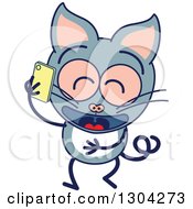 Poster, Art Print Of Cartoon Gray Cat Character Laughing And Talking On A Cell Phone