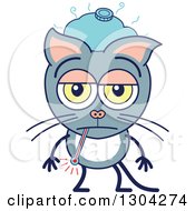 Poster, Art Print Of Cartoon Sick Gray Cat Character With An Ice Pack And Thermometer