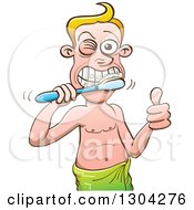 Poster, Art Print Of Cartoon White Man Giving A Thumb Up And Brushing His Teeth While Wearing A Towel
