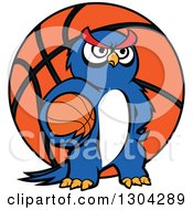 Poster, Art Print Of Cartoon Blue Sporty Owl Holding A Basketball Over A Giant Ball