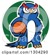 Poster, Art Print Of Cartoon Outlined Blue Sporty Owl Holding A Basketball Over A Green Circle