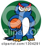 Poster, Art Print Of Cartoon Blue Sporty Owl Holding A Basketball Over A Green Circle
