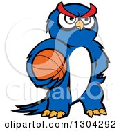 Poster, Art Print Of Cartoon Blue Sporty Owl Holding A Basketball