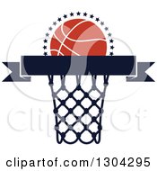 Poster, Art Print Of Blank Banner With An Orange Basketball And Hoop