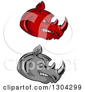 Clipart Of Cartoon Angry Red And Gray Rhinoceros Heads In Profile Royalty Free Vector Illustration