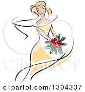 Poster, Art Print Of Retro Sketched Blond Caucasian Bride In A Yellow Dress Holding A Bouquet Of Red Flowers 2
