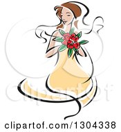 Poster, Art Print Of Retro Sketched Brunette Caucasian Bride In A Yellow Dress Holding A Bouquet Of Red Flowers