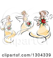 Poster, Art Print Of Retro Sketched Caucasians Bride In Yellow Dresses Holding Bouquets Of Red Flowers