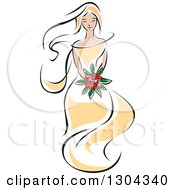 Poster, Art Print Of Retro Sketched Blond Caucasian Bride In A Yellow Dress Holding A Bouquet Of Red Flowers
