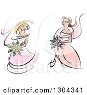 Poster, Art Print Of Retro Sketched Caucasian Brides In Pink Dresses Holding Bouquets Of Flowers
