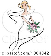 Clipart Of A Retro Sketched Blond Caucasian Bride With A Bouquet Of Pink Flowers Royalty Free Vector Illustration by Vector Tradition SM