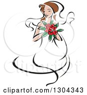 Poster, Art Print Of Retro Sketched Brunette Caucasian Bride With A Bouquet Of Pink Flowers