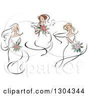 Poster, Art Print Of Retro Sketched Caucasian Brides With Bouquets Of Flowers