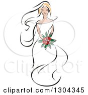 Poster, Art Print Of Retro Sketched Blond Caucasian Bride With A Bouquet Of Red Flowers