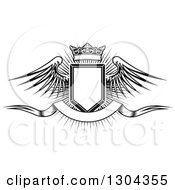 Poster, Art Print Of Black And White Winged Shield Black Banner And Crown Over A Burst