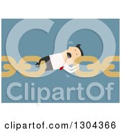 Clipart Of A Flat Modern White Businessman Struggling To Hold Links Together Over Blue Royalty Free Vector Illustration