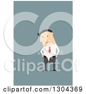 Poster, Art Print Of Flat Modern White Businessman Struggling To Put On His Skinny Pants Over Blue