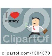 Clipart Of A Flat Modern White Businessman Running With Cash And I Love Money Text Over Blue Royalty Free Vector Illustration