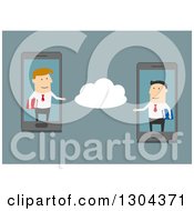Poster, Art Print Of Flat Modern White Businessmen Communicating On The Cloud Via Cell Phones Over Blue