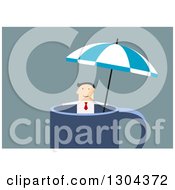 Clipart Of A Flat Modern White Businessman Relaxing In A Giant Coffee Cup Over Blue Royalty Free Vector Illustration