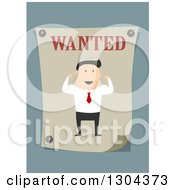 Flat Modern White Businessman Flexing On A Wanted Poster Over Blue