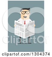 Poster, Art Print Of Flat Modern White Businessman Wearing Glasses And Reading A Newspaper Over Blue