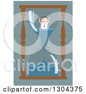 Poster, Art Print Of Flat Modern White Businessman Stuck Inside An Hourglass Over Blue