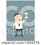 Poster, Art Print Of Flat Modern White Businessman Running Out Of Time And Holding An Hourglass Over Blue