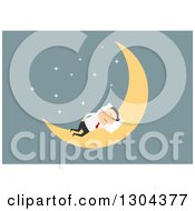 Poster, Art Print Of Flat Modern White Businessman Sleeping On A Crescent Moon Over Blue