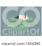 Clipart Of A Flat Modern White Businessman Sleeping On A Bed Of Money Over Blue Royalty Free Vector Illustration