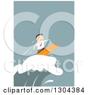 Poster, Art Print Of Flat Modern White Businessman Surfing A Wave Over Blue