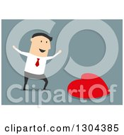Clipart Of A Flat Modern White Businessman Discovering Love Over Blue Royalty Free Vector Illustration