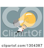 Clipart Of A Flat Modern White Businessman Carrying A Heavy Light Bulb Over Blue Royalty Free Vector Illustration
