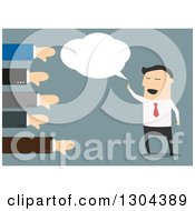 Flat Modern White Businessman Speaking With Hands Giving Thumbs Down Over Blue