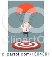 Poster, Art Print Of Flat Modern White Businessman Parachuting With Money And Landing On A Target Over Blue